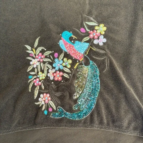 Y2K BCBGMAXAZRIA Olive Green Velour Hoodie Jacket Floral Bird Embroidery Large - Picture 7 of 7